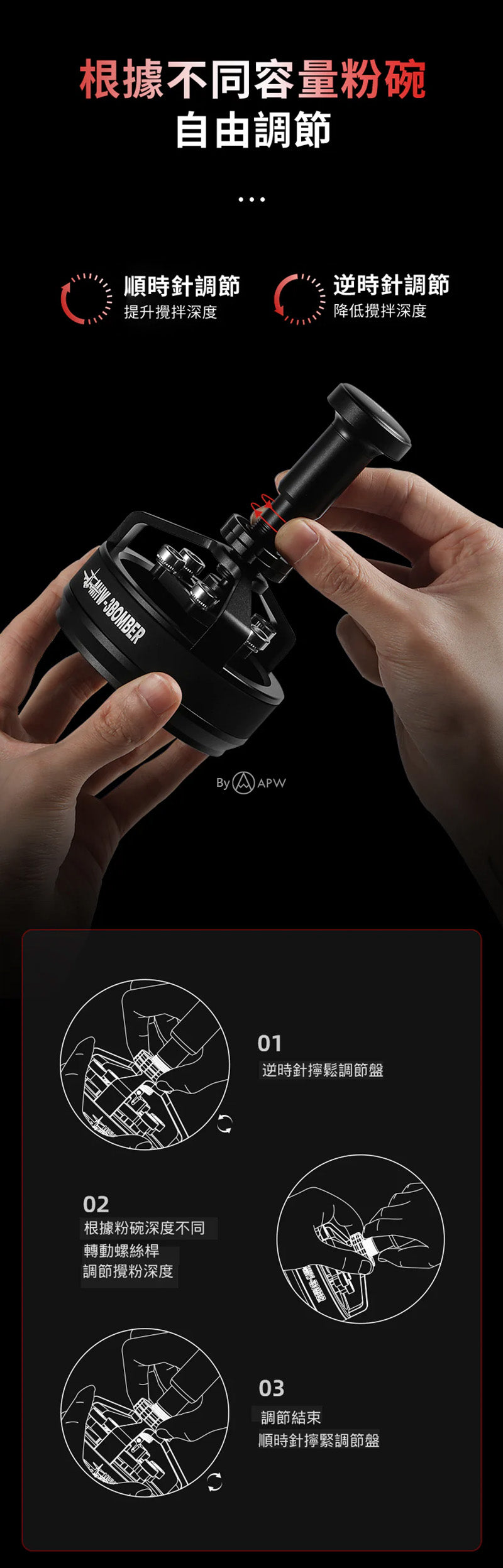 MHW-3BOMBER Distribuidor de café giratorio Cyclone de 58,35 mm | Aguja mezcladora profesional, resuelve el efecto canalización, negro